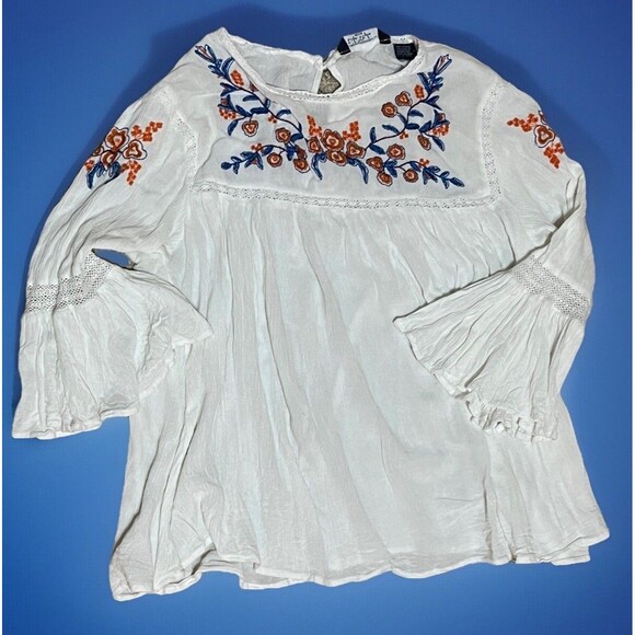 Life Style Top Babydoll Bell Sleeves Embroider Crochet White Gauze PL Large Boho - Picture 3 of 7